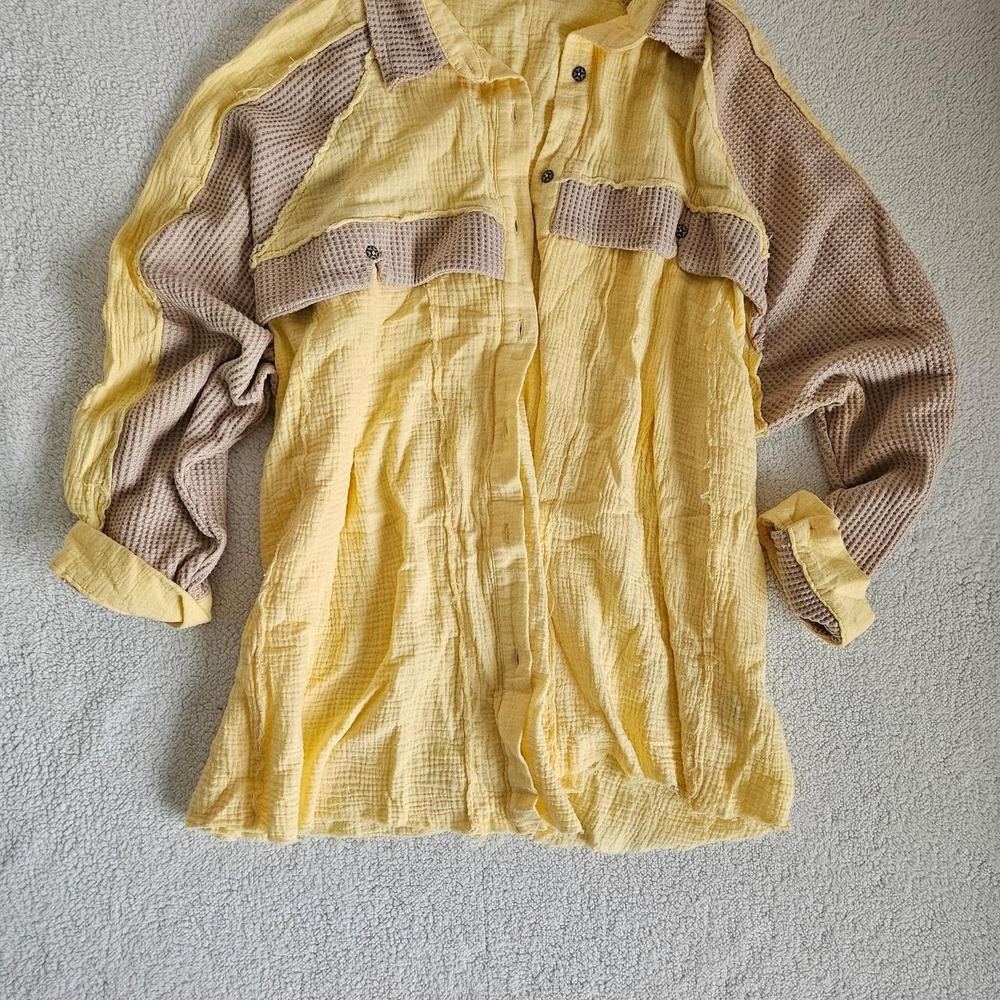 POL Yellow & cream waffle knit button up shirt